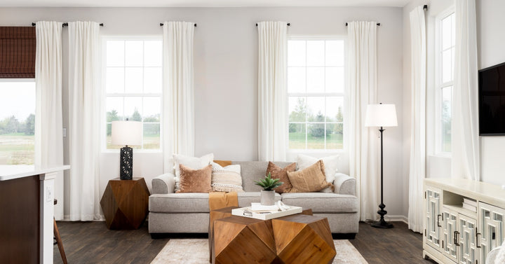 A gray sofa with soft throw pillows sits in front of two windows in a cozy living room with wood flooring.